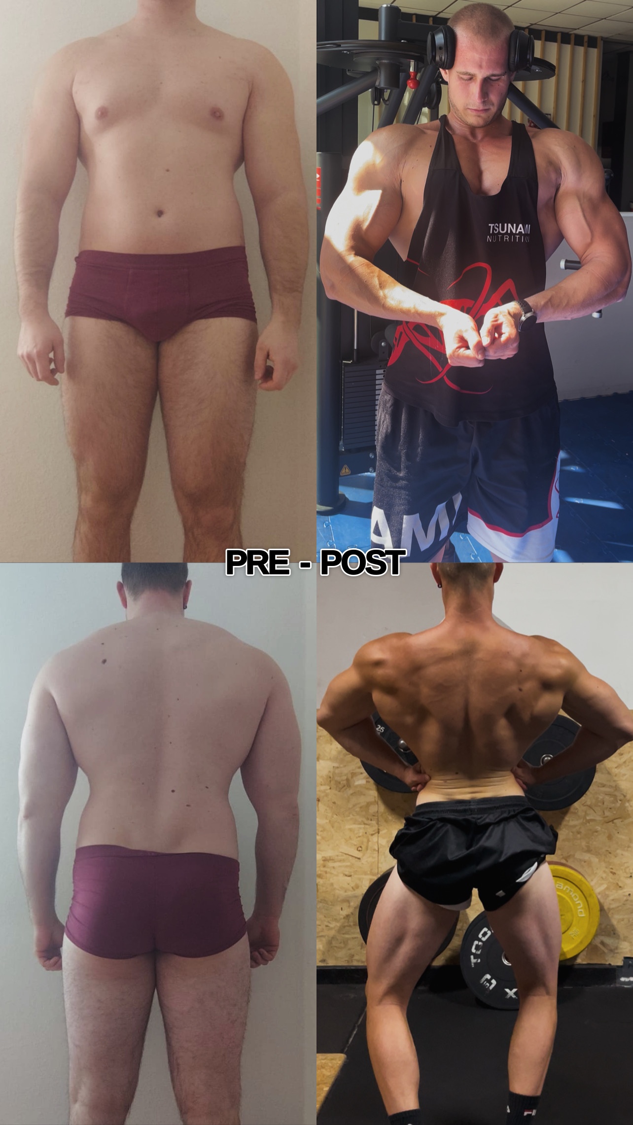Pre e post di un atleta Tunnel Vision: massa e definizione costruite insieme, fronte e schiena